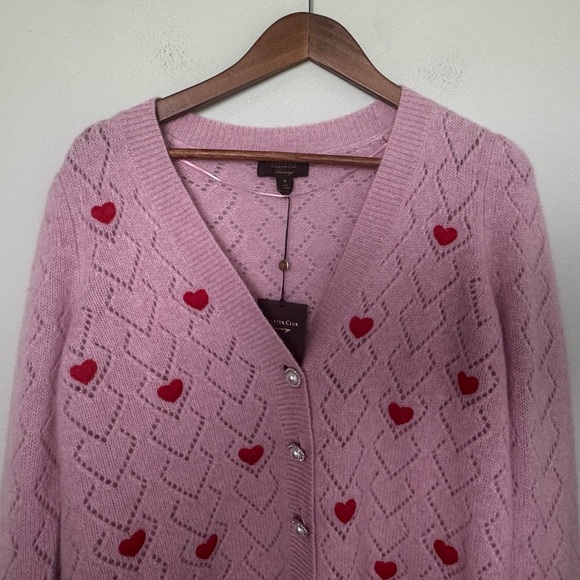 NWT Charter Club 100% Cashmere Pink Crochet Heart Pointelle Button Cardigan M - Picture 7 of 14